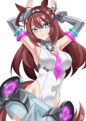  ahoge animal_ears armpits arms_up bare_shoulders blue_eyes blush breasts brown_hair closed_mouth covered_navel detached_sleeves female grey_hairband grey_leotard grey_skirt grey_sleeves hair_between_eyes hairband highleg highleg_leotard highres horse_ears horse_girl horse_tail jimi_paradise large_breasts leotard long_hair looking_at_viewer lowleg lowleg_skirt mihono_bourbon_(mb-19890425)_(umamusume) mihono_bourbon_(umamusume) necktie pink_necktie silver_hairband simple_background skirt solo tail umamusume white_background white_leotard 
