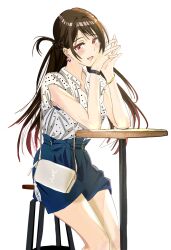 :d bag blush brown_eyes brown_hair commentary_request dama-dama earrings female handbag highres jewelry kanojo_okarishimasu long_hair looking_at_viewer mizuhara_chizuru open_mouth own_hands_together polka_dot revision shirt simple_background skirt smile solo stool table very_long_hair white_background white_shirt wristband 