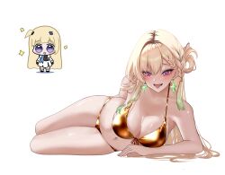  alternate_hairstyle arm_support bikini blonde_hair braid braided_bangs breasts chibi chibi_inset commentary earrings female gold_bikini golden_week hanagari highres jewelry large_breasts long_hair looking_at_viewer lying lynae_(wuthering_waves) navel on_side open_mouth phoebe_(wuthering_waves) purple_eyes simple_background smile solo star_(symbol) star_earrings stomach swimsuit tongue tongue_out white_background wuthering_waves 