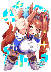  aiguillette animal_ears black_bow black_thighhighs blue_jacket blush bob_(you-u-kai) bow breasts brown_hair commentary_request daiwa_scarlet_(peak_blue)_(umamusume) daiwa_scarlet_(umamusume) epaulettes female frills garter_straps hair_intakes highres horse_ears horse_girl horse_tail index_finger_raised jacket juliet_sleeves layered_legwear layered_skirt long_hair long_sleeves oerba_yun_fang open_mouth puffy_sleeves red_eyes shirt skirt solo tail thighhighs tiara twintails umamusume very_long_hair white_shirt white_thighhighs 
