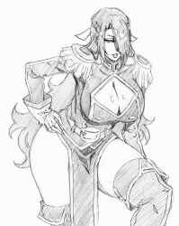  anti-demon_corps_uniform azuma_fubuki braid breasts cleavage cleavage_cutout clothing_cutout epaulettes female gloves graphite_(medium) greyscale hair_over_one_eye half_crown_braid hand_on_own_hip hatching_(texture) highres large_breasts leaning_forward linear_hatching long_hair long_sleeves mato_seihei_no_slave mature_female military_uniform monochrome one_eye_covered parted_bangs parted_lips pelvic_curtain rakusakugk simple_background solo thick_thighs thighs traditional_media upper_body very_long_hair white_background 