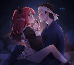  1boy bare_hips bare_legs blush breath brown_hair commentary_request dark demon_girl demon_wings feet_out_of_frame female frills gojou_wakana hands_on_another's_waist hands_on_own_face japanese_clothes kishishiotani kitagawa_marin long_hair long_sleeves looking_at_another own_hands_together pointy_ears puffy_long_sleeves puffy_sleeves red_hair rizu-kyun short_hair sitting sono_bisque_doll_wa_koi_wo_suru straddling straight twintails upright_straddle wide-eyed wings 