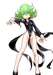  black_dress breasts commentary_request dress female green_eyes green_hair green_nails highres looking_at_viewer mersoleil03 no_panties one-punch_man outstretched_arm pelvic_curtain short_hair small_breasts smile solo tatsumaki 
