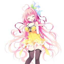  ahoge arms_behind_back bare_shoulders black_bow black_choker black_thighhighs blush bow bow_legwear breasts choker closed_eyes collarbone dress drooling feet_out_of_frame female frilled_thighhighs frills furrowed_brow game_asset green_ribbons hair_ribbon haru_haru_(koikoko) heart heart_ahoge highres koi_suru_kokoro_to_mahou_no_kotoba large_breasts large_variant_set long_hair long_sleeves mouth_drool non-web_source open_mouth pink_hair ribbon self-datamine shiromochi_sakura shirt short_dress simple_background single_hair_intake solo standing star_(symbol) thighhighs transparent_background variant_set white_shirt yellow_dress zettai_ryouiki 