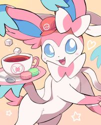 ambiguous_gender beverage blue_eyes cel_shading clothing colored container cookie cup cute_fangs digital_drawing_(artwork) digital_media_(artwork) eeveelution fangs feral food generation_6_pokemon happy hat headgear headwear hi_res komanyachi macaron_(food) markings nintendo open_mouth open_smile paws pink_markings pink_tail pokemon pokemon_(species) quadruped ribbons_(anatomy) shaded simple_background smile solo sugar sugar_cube sylveon tail tea tea_cup teeth white_body 