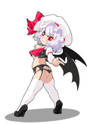  ascot ass bat_wings black_panties commentary_request crop_top female full_body garter_belt garter_straps hat high_heels looking_at_viewer mersoleil03 mob_cap panties red_eyes remilia_scarlet short_hair smile solo thighhighs touhou underwear white_hair white_thighhighs wings 