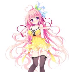  ahoge arms_behind_back bare_shoulders black_bow black_choker black_thighhighs blush bow bow_legwear breasts choker closed_mouth collarbone dot_mouth dress feet_out_of_frame female frilled_thighhighs frills game_asset green_ribbons hair_ribbon haru_haru_(koikoko) heart heart_ahoge highres koi_suru_kokoro_to_mahou_no_kotoba large_breasts large_variant_set long_hair long_sleeves looking_at_viewer non-web_source nose_blush pink_hair purple_eyes ribbon self-datamine shiromochi_sakura shirt short_dress simple_background single_hair_intake solo standing star_(symbol) thighhighs transparent_background variant_set white_shirt yellow_dress zettai_ryouiki 
