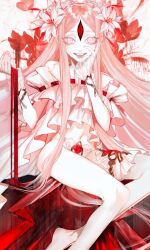  au_(d_elete) blood commentary_request dripping english_text extra_eyes eyes_visible_through_hair female fingernails flower frills gradient_background hair_flower hair_ornament hand_on_own_face highres long_hair navel original pink_eyes pink_flower pink_hair pink_theme revision see-through_clothes sitting slit_pupils smile solo teeth third_eye 