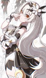  absurdres ahoge breasts commentary_request cutescookie female flower hair_flower hair_ornament highres honkai_(series) honkai_impact_3rd kiana_kaslana kiana_kaslana_(herrscher_of_the_void) kiana_kaslana_(magic_girl_sirin) large_breasts leotard long_hair official_alternate_costume orange_eyes solo very_long_hair white_hair white_leotard 