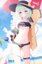  absurdres alternate_costume ass_visible_through_thighs ball beach beachball bikini black_bikini black_hat blue_sky bow breasts buttons chinese_commentary cloud commentary_request day diamond_button disembodied_linked_eye eyeball female frilled_bikini frilled_sleeves frills green_eyes green_hair grin groin hair_between_eyes hat hat_bow heart heart_of_string highres koishi_day komeiji_koishi lens_flare long_sleeves looking_at_viewer medium_breasts medium_hair navel ocean ohako_miyu open_clothes open_shirt outdoors shirt skindentation sky smile solo stomach swimsuit thigh_strap thighs touhou umbrella underboob water wide_sleeves yellow_bow yellow_shirt 