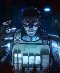  1boy absurdres beard blood blood_drip blood_splatter chris_redfield commentary english_commentary facial_hair furrowed_brow highres imagine_(imagine7243618) male_focus outstretched_arm parted_lips reaching reaching_towards_viewer resident_evil resident_evil_6 solo tactical_clothes underlighting vest worried 