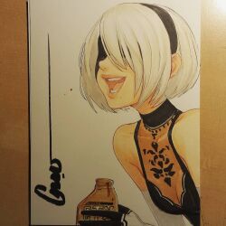  2b_(nier:automata) adapted_costume bare_shoulders black_dress black_gloves black_hairband bottle breasts cleavage commentary covered_eyes dress drink elbow_gloves english_commentary facing_ahead female gloves hairband holding holding_bottle holding_drink laughing medium_breasts motor_oil multicolored_gloves nier:automata nier_(series) omar_dogan open_mouth photo_(medium) shirt short_hair signature simple_background sleeveless sleeveless_dress smile solo traditional_media two-tone_gloves upper_body white_background white_gloves white_hair white_shirt 