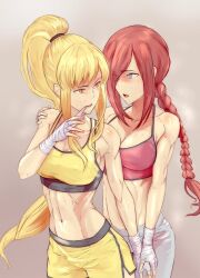  2girls bare_arms bare_shoulders blue_eyes borrowed_character braid braided_ponytail breasts cleavage commentary cowboy_shot english_commentary eye_contact gift_art hair_over_one_eye hand_on_another's_shoulder hand_wraps high_ponytail holding_hands long_hair looking_at_another lymmea medium_breasts multiple_girls orange_eyes original ponytail red_hair short_shorts shorts sidelocks sports_bra standing toned toned_female yellow_shorts yellow_sister_(ftrubyruben) yellow_sports_bra yuan_zhu_(lymmea) yuri 