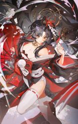  bare_shoulders black_hair black_kimono black_shoes breasts cleavage commentary eyeshadow female foot_out_of_frame from_above hair_ornament hand_up highres hotori_(nte) japanese_clothes katana kimono large_breasts lens_flare long_hair looking_to_the_side makeup mani_(xinmoni) neverness_to_everness obi off_shoulder parted_lips petals pink_petals red_eyes red_eyeshadow red_umbrella sash shade sheath sheathed shoes socks solo standing standing_on_one_leg swept_bangs sword umbrella very_long_hair weapon white_socks wide_sleeves 