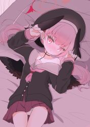  absurdres beret black_cardigan black_hat black_wings blue_archive blush cardigan closed_mouth commentary_request cowboy_shot dot_nose feathered_wings female frown grey_sailor_collar hair_spread_out halo hands_up hat head_on_pillow highres koharu_(blue_archive) long_hair long_sleeves looking_at_viewer lying mini_wings miniskirt neckerchief neyu_tako nose_blush on_back on_bed panties partially_unbuttoned pillow pink_eyes pink_hair pink_halo pink_neckerchief pink_skirt pleated_skirt raised_inner_eyebrows sailor_collar single_off_shoulder skirt solo twintails underwear white_panties wings 
