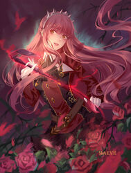  akaku_99 artist_name black_skirt brown_eyes commentary_request fate/grand_order fate_(series) female floating_hair flower gloves highres holding holding_whip long_hair long_sleeves looking_to_the_side medb_(alluring_chief_warden_look)_(fate) medb_(fate) miniskirt outdoors parted_lips photoshop_(medium) pink_flower pink_hair pink_rose red_flower red_rose rose skirt solo standing very_long_hair whip white_gloves 