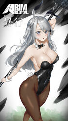  animal_ears arknights arm_up black_bow black_bowtie black_leotard bow bowtie breasts brown_pantyhose chaciooh character_name commentary_request cowboy_shot detached_collar female grey_background grey_eyes grey_hair highres holding holding_weapon large_breasts leotard long_hair looking_at_viewer md5_mismatch pantyhose parted_lips playboy_bunny polearm rabbit_ears rabbit_girl rabbit_tail rim_billiton_logo savage_(arknights) solo strapless strapless_leotard tail two_side_up weapon wrist_cuffs 