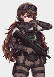  brown_hair bullpup commentary cosplay cowboy_shot female girls&#039;_frontline gloves goggles gun helmet holster js_9_(girls&#039;_frontline) lesion_(rainbow_six_siege) lesion_(rainbow_six_siege)_(cosplay) long_hair looking_at_viewer military military_uniform needle persocon93 photoshop_(medium) rainbow_six_siege red_eyes rifle simple_background solo thigh_holster trigger_discipline uniform very_long_hair weapon 