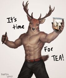  abs anthro antlers beverage brown_body brown_fur bubble_tea clothed clothing deer english_text fingers fur hi_res hooved_fingers hooves horn male mammal muscular muscular_male ramzawolf simple_background solo text the_alley topless 