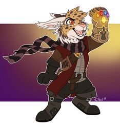  2018 anthro citrinelle clothed clothing digital_media_(artwork) felid feline iberian_lynx infinity_gauntlet lynx mammal marvel open_mouth orange_eyes scarf simple_background solo standing teeth tongue twilight_(shadowcatcher) 