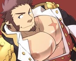  1boy abs alternate_pectoral_size bara blue_eyes brown_hair commentary_request epaulettes facial_hair fate/grand_order fate_(series) goatee large_pectorals long_sideburns long_sleeves looking_at_viewer male_focus military muscular muscular_male napoleon_bonaparte_(fate) nipples pectorals scar short_hair sideburns simple_background smile solo takezamurai uniform upper_body 