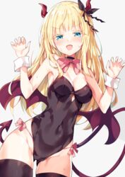  :d bare_arms bare_shoulders black_leotard blonde_hair blue_eyes blush bow bowtie breasts choker claw_pose cleavage commentary_request covered_navel demon_horns demon_tail demon_wings female gradient_background hair_ribbon hands_up highres horns juliet_persia kishuku_gakkou_no_juliet leotard long_hair looking_at_viewer medium_breasts open_mouth panties ribbon side-tie_panties smile solo sweat tail thighhighs thighs unacchi_(nyusankin) underwear v-shaped_eyebrows wings wrist_cuffs 