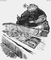  alligator alligatorid annoyed anthro aokamidu belly belly_overhang big_belly buffet clothed clothing crocodilian cutlery dialogue double_chin finnish_text fork greyscale hi_res holding_object inside kitchen_utensils male midriff monochrome moobs obese obese_anthro obese_male overweight overweight_anthro overweight_male pictographics plate reptile scales scalie solo speech_bubble standing teeth text tools translated 