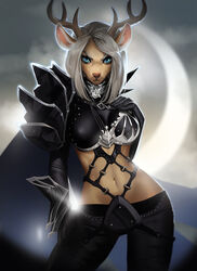  2019 anthro antlers aomori armor blue_eyes breasts cheek_piercing clothed clothing cloud collar deer deity detailed_background digital_media_(artwork) dimple_piercing facial_piercing female grey_hair hair horn looking_at_viewer mammal midriff moon navel ohiri piercing solo standing unconvincing_armor white_hair 