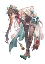  aqua_footwear bare_shoulders belt blue_flower blue_rose blush breasts brown_hair brown_pantyhose check_commentary cleavage closed_mouth commentary_request cosplay djeeta_(granblue_fantasy) djeeta_(granblue_fantasy)_(cosplay) doctor_(granblue_fantasy) dress female flower granblue_fantasy grey_dress hair_between_eyes hair_flower hair_ornament hands_in_pockets highres kakage lab_coat large_breasts leaning_forward long_hair looking_at_viewer necktie open_clothes pantyhose purple_eyes red_necktie rose rosetta_(granblue_fantasy) shoes sidelocks simple_background sleeveless sleeveless_dress smile solo stethoscope thigh_strap very_long_hair white_background 