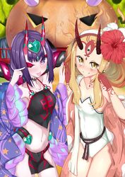  2girls absurdres bare_shoulders blonde_hair blush borumete breasts chinese_clothes closed_mouth collarbone commentary_request detached_sleeves dudou earrings eyeliner facial_mark fang_out fate/grand_order fate_(series) fingernails flower forehead_mark fundoshi hair_flower hair_ornament hairband headpiece heart hibiscus highres horns ibaraki_douji_(fate) ibaraki_douji_(swimsuit_lancer)_(fate) ibaraki_douji_(swimsuit_lancer)_(second_ascension)_(fate) jack-o&#039;-lantern japanese_clothes jewelry long_hair looking_at_viewer low_twintails makeup multiple_girls navel oerba_yun_fang one-piece_swimsuit one_eye_closed oni open_mouth pelvic_curtain pointy_ears purple_eyes purple_hair rope sharp_fingernails shawl short_eyebrows short_hair short_twintails shuten_douji_(fate) shuten_douji_(halloween_caster)_(fate) skin-covered_horns small_breasts smile swimsuit tattoo thighs tongue tongue_out twintails very_long_hair white_one-piece_swimsuit yellow_eyes 