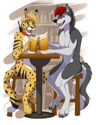  2017 4_toes alcohol anthro arm_tuft bar barefoot beer belly beverage black_body black_claws black_eyebrows black_fur black_lips black_nose black_pawpads black_spots black_stripes black_tail blonde_hair blue_eyes bottle canid canine canis casual_nudity cheek_tuft cheetah chest_tuft claws collar collar_only container crotch_tuft cup digital_media_(artwork) duo ear_tuft elbow_tuft eye_contact eyebrows facial_tuft fangs feet felid feline fluffy fluffy_tail fur furniture glistening glistening_eyes grey_body grey_fur grey_tail hair hi_res hip_tuft holding_beverage holding_container holding_cup holding_object humanoid_hands ifus light lips long_tail looking_at_another male mammal markings multicolored_body multicolored_fur multicolored_tail nude open_mouth open_smile orio_(orioles03) pawpads paws pecs pink_tongue prick_ears pubic_mound public public_nudity red_collar red_hair shadow sharp_teeth short_hair shoulder_tuft sitting slim smile snout social_nudity spots spotted_body spotted_fur spotted_markings spotted_tail stool storm_(stormwx_wolf) striped_body striped_fur stripes table tail tail_markings teeth toe_claws toes tongue tuft two_tone_body two_tone_fur two_tone_tail white_belly white_body white_fur white_tail wolf yellow_body yellow_fur yellow_tail 