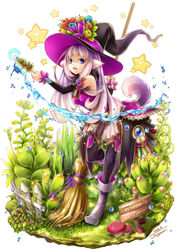  2013 :d animal_ears artist_name bare_shoulders black_hat black_thighhighs blue_eyes boots breasts broom commentary_request detached_sleeves dog_ears dog_girl dog_tail fantasy female fence full_body grass hat high_heel_boots high_heels highres holding holding_broom kininaljaguar leg_up long_hair long_sleeves miniskirt mushroom open_mouth original photoshop_(medium) picket_fence plant pleated_skirt sign skirt small_breasts smile solo standing standing_on_one_leg star_(symbol) tail teeth thighhighs water white_background white_footwear white_hair white_skirt witch witch_hat wooden_fence 