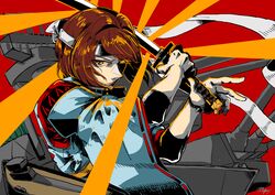  brown_hair cannon closed_mouth commentary_request female glowing glowing_eye headband highres holding holding_sword holding_weapon hyuuga_(kancolle) hyuuga_kai_ni_(kancolle) japanese_clothes kantai_collection katana lips nahato_(nhtaao) nontraditional_miko red_background rigging short_hair signature solo sword undershirt weapon wide_sleeves 