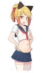  :o absurdres bad_id bad_twitter_id blonde_girl_(cloba) blonde_hair blue_sailor_collar blue_skirt breasts bright_pupils brown_eyes cloba collarbone commentary_request cowboy_shot crop_top crop_top_overhang cropped_legs female frown groin hair_ribbon hands_on_own_hips highleg highres inactive_account long_hair looking_at_viewer midriff miniskirt navel necktie open_mouth original panty_straps pleated_skirt ponytail red_necktie red_ribbon ribbon sailor_collar school_uniform serafuku shirt short_necktie short_sleeves sidelocks signature simple_background skirt small_breasts solo standing stomach thighhighs v-shaped_eyebrows white_background white_shirt white_thighhighs zettai_ryouiki 