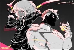  2boys ascot back biker_clothes black_gloves black_jacket commentary_request fire frilled_sleeves frills gloves half_gloves jacket kray_foresight lio_fotia looking_back matahei monochrome multiple_boys open_mouth promare red_eyes shaded_face spoilers 