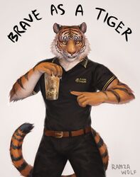  anthro beverage black_body black_fur bubble_tea clothed clothing felid fur hi_res male mammal orange_body orange_fur pantherine ramzawolf simple_background solo stripes tiger tiger_sugar uniform whiskers white_body white_fur 