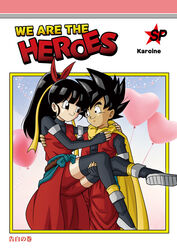  1boy balloon beat_(dragon_ball) black_eyes black_hair bow breasts cape carrying commentary_request cover cover_page dougi doujin_cover dragon_ball dragon_ball_heroes elbow_gloves female fingerless_gloves flying gloves hair_ribbon hairbow heart_balloon karoine looking_at_another medium_breasts note_(dragon_ball) ponytail princess_carry ribbon saiyan source_request spiked_hair tail thighhighs 