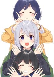  3girls :d ^_^ bad_id bad_twitter_id black_hair black_sweater blue_eyes blue_hair blue_scarf blush brown_coat closed_eyes coat green_coat grin hair_ornament hairclip hands_up highres higuchi_kaede hikari_yui long_hair long_sleeves looking_at_viewer medium_hair mole mole_under_eye multiple_girls nijisanji open_mouth palms red_nails scarf shizuka_rin simple_background smile stacking sweater teeth tsukino_mito turtleneck upper_body upper_teeth_only virtual_youtuber watch white_background white_hair winter_clothes wristwatch 