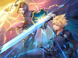  2boys blonde_hair blue_eyes brown_hair cloud_strife commentary company_connection dragon_quest dragon_quest_xi earrings erdrick&#039;s_shield erdrick&#039;s_sword final_fantasy final_fantasy_vii final_fantasy_vii_advent_children fusion_swords gloves green_eyes hero_(dq11) holding holding_sword holding_weapon hood jewelry male_focus multiple_boys open_mouth shield short_hair spiked_hair square_enix super_smash_bros. sword torio_(mocd1985) weapon 