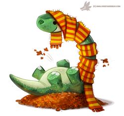  2015 ambiguous_gender apatosaurus autumn beady_eyes black_eyes digital_media_(artwork) digital_painting_(artwork) dinosaur diplodocid extinct feral green_body green_scales leaf leaf_pile piper_thibodeau prehistoric_species reptile sauropod sauropodomorph scales scalie scarf simple_background smile solo white_background 