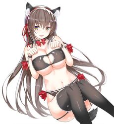  animal_ears arm_garter bell black_bra black_hair blush bow bra breast_press breasts cat_ears cat_tail choker chun_(friendly_sky) cleavage collarbone commentary_request fake_animal_ears fake_tail female garter_belt hands_on_own_chest kawaikereba_hentai_demo_suki_ni_natte_kuremasu_ka? large_breasts long_hair looking_at_viewer meme_attire navel neck_bell official_art open_mouth paw_pose simple_background smile solo stomach tail thighhighs tokihara_sayuki underwear white_background wrist_cuffs yellow_eyes 