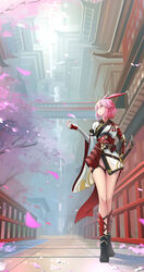  animal_ears architecture arm_wrap armor black_footwear blurry blurry_background breasts bridge cherry_blossoms chinese_commentary cityscape commentary depth_of_field east_asian_architecture elbow_gloves female fingerless_gloves fox_ears from_below gloves hair_ornament hair_stick highres honkai_(series) honkai_impact_3rd japanese_armor japanese_clothes katana kikivi kimono kote large_breasts looking_to_the_side multiple_swords pink_hair railing revision sheath sheathed short_hair short_kimono single_sleeve smile solo sword tassel thigh_strap walking weapon white_kimono wide_shot wide_sleeves yae_sakura yae_sakura_(flame_sakitama) yellow_eyes 