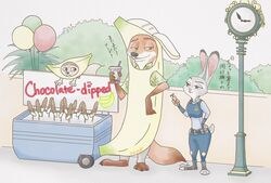  2019 anthro balloon banana banana_costume barefoot brown_tail_tip canid canine carrot clock clothed clothing costume dipstick_ears dipstick_tail disney ear_markings english_text feet female fennec_fox finnick_(zootopia) food food_costume fox fruit fruit_costume fur group hb_runo inflatable japanese_text judy_hopps lagomorph leporid male mammal markings multicolored_ears multicolored_tail nick_wilde orange_body orange_fur plant police police_uniform rabbit red_fox runo tail tail_markings text true_fox uniform vegetable zootopia 