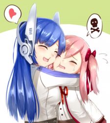  2girls aged_down blue_hair blush cheek-to-cheek commentary_request girls&#039;_frontline glomp heads_together heart hug multiple_girls negev_(girls&#039;_frontline) negev_(little_drifter)_(girls&#039;_frontline) oboenikui_namae pink_hair skull_and_crossbones speech_bubble tar-21_(girls&#039;_frontline) 