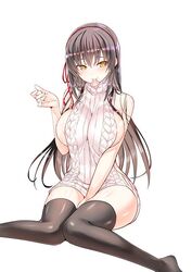  between_legs black_hair blush breasts chun_(friendly_sky) closed_mouth commentary_request condom condom_in_mouth condom_wrapper dress female hair_ribbon hand_between_legs hand_up kawaikereba_hentai_demo_suki_ni_natte_kuremasu_ka? large_breasts long_hair looking_at_viewer meme_attire mouth_hold naked_sweater no_bra no_shoes official_art ribbon sidelocks simple_background sitting smile sweater sweater_dress thighhighs tokihara_sayuki turtleneck turtleneck_sweater virgin_killer_sweater wariza white_background yellow_eyes 