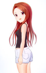  :d bad_id bad_pixiv_id black_shirt breasts brown_hair cowboy_shot female highres idolmaster idolmaster_(classic) long_hair looking_at_viewer minase_iori open_mouth red_eyes runmo77 shirt short_shorts shorts simple_background sleeveless sleeveless_shirt small_breasts smile solo standing straight_hair very_long_hair white_background white_shorts 