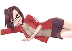  black-framed_eyewear black_shorts brown_eyes brown_hair commentary_request easy_(aqk7bdqt) female glasses hair_ornament hairclip jacket kouenji_(sewayaki_kitsune_no_senko-san) long_hair looking_at_viewer lying on_side open_mouth photoshop_(medium) ponytail red_jacket sewayaki_kitsune_no_senko-san short_sleeves shorts simple_background solo white_background 