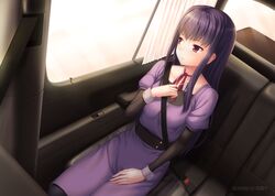  black_hair brown_eyes car_interior collarbone commentary_request dated dress female hand_up high_score_girl jewelry long_hair long_sleeves looking_outside miyai_sen necklace oono_akira purple_dress seatbelt sidelocks sitting solo window wrist_cuffs 