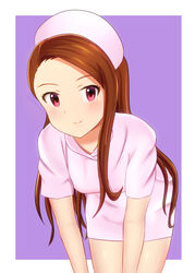  bad_id bad_pixiv_id bent_over blush brown_hair closed_mouth cowboy_shot dress female hat highres idolmaster idolmaster_(classic) long_hair looking_at_viewer minase_iori nurse nurse_cap pink_dress purple_background red_eyes runmo77 shiny_skin short_dress short_sleeves smile solo standing straight_hair two-tone_background very_long_hair white_background 