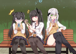  3girls architect_(girls&#039;_frontline) bench black_hair bubble_tea cellphone commentary_request crossed_legs cup disposable_cup drinking drinking_straw forest gager_(girls&#039;_frontline) girls&#039;_frontline green_eyes hair_ornament long_hair multiple_girls nature necktie orange_eyes ouroboros_(girls&#039;_frontline) park park_bench phone pink_eyes sangue_llia sangvis_ferri school_uniform side_ponytail skirt thighhighs thighs tree twintails vest white_hair 